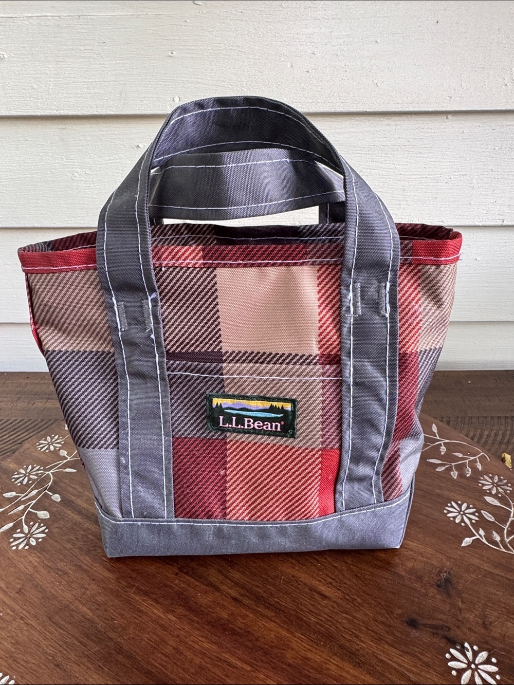 L.L. Bean Plaid Mini Tote in Red, Beige and Gray